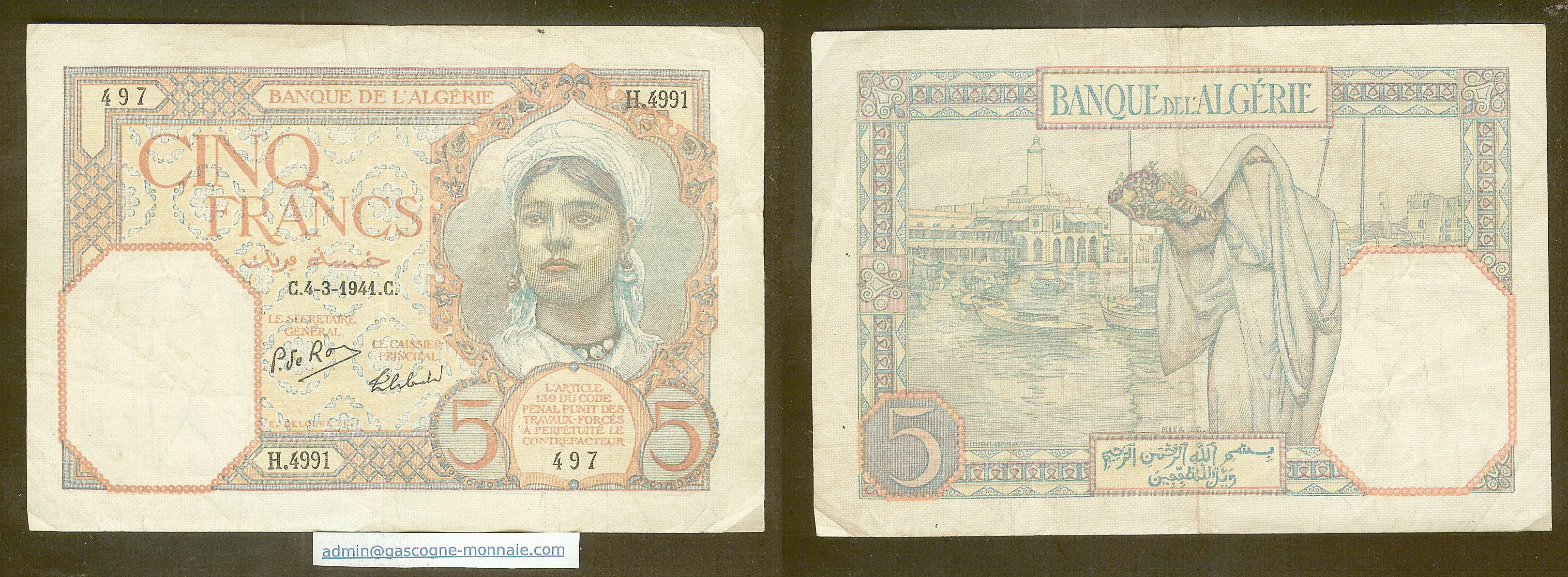 Ageria 5 francs 4.3.1941 VF